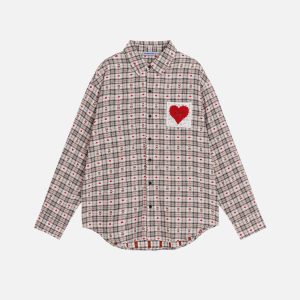 Aelfric Eden Crochet Heart Pocket Plaid Long Sleeve Shirt