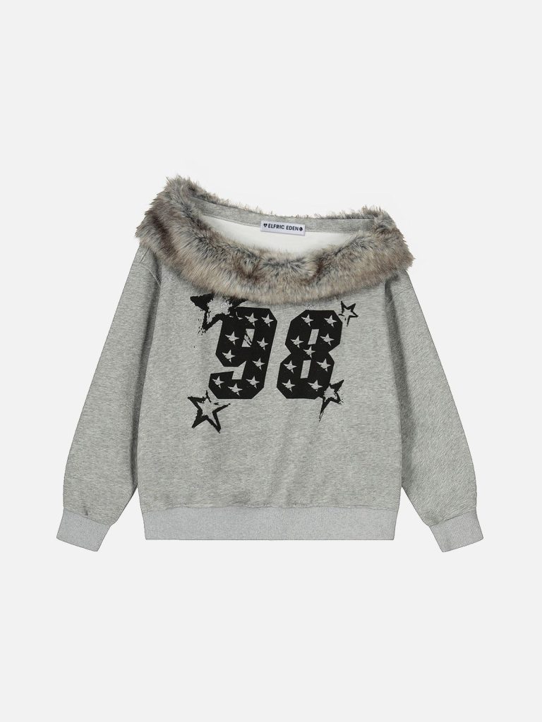 Aelfric Eden Faux Fur Collar Off-The-Shoulder Sweatshirt