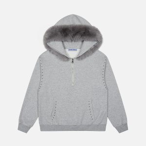 Aelfric Eden Rivet Faux Fur Collar Half Zip Up Hoodie