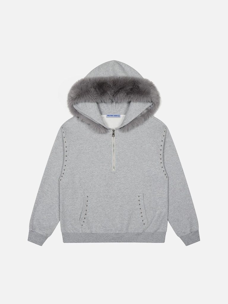 Aelfric Eden Rivet Faux Fur Collar Half Zip Up Hoodie