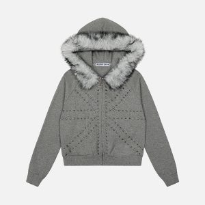 Aelfric Eden Rivet Faux Fur Collar Cropped Zip Up Hoodie