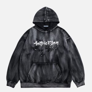 Aelfric Eden Embroidery Bat Spider Washed Pullover Hoodie